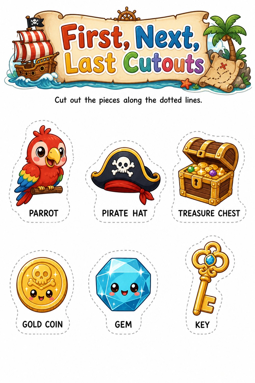 Cut-out sheet with the pieces for the First, Next, Last activity