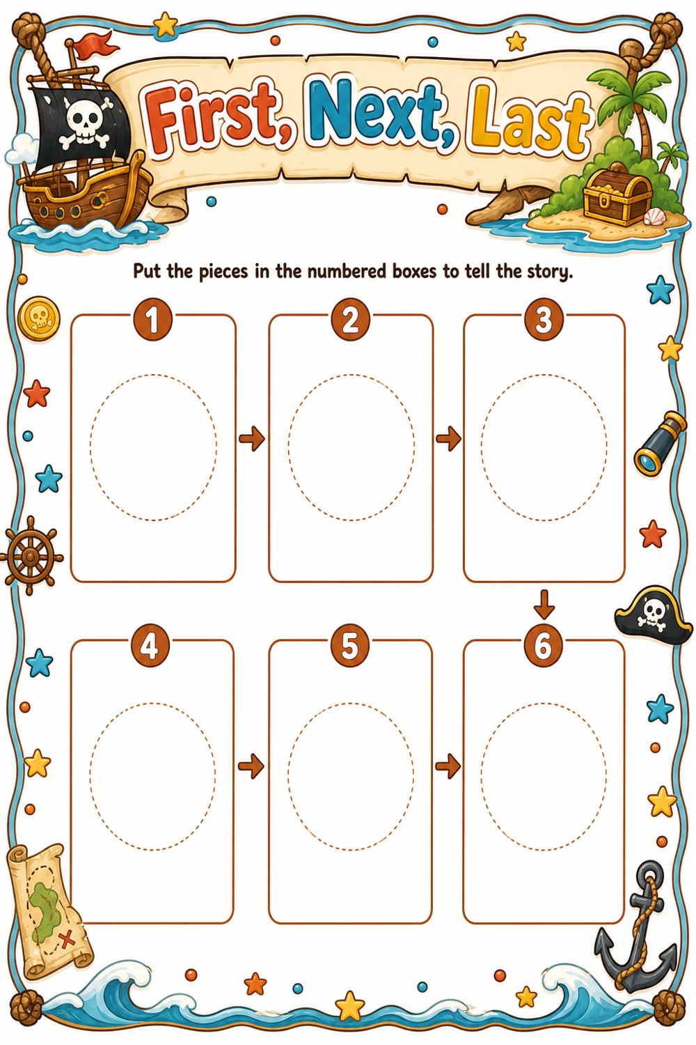 Play board page for the First, Next, Last cut and play activity